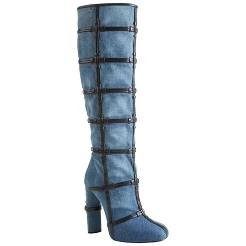 Feminina Chaussures Genou Cage Bota Denim Dames As En Bottes Talons Bloc Cuissardes Longue Haute Femmes Bleu Pic Cuir wgA0qxC0