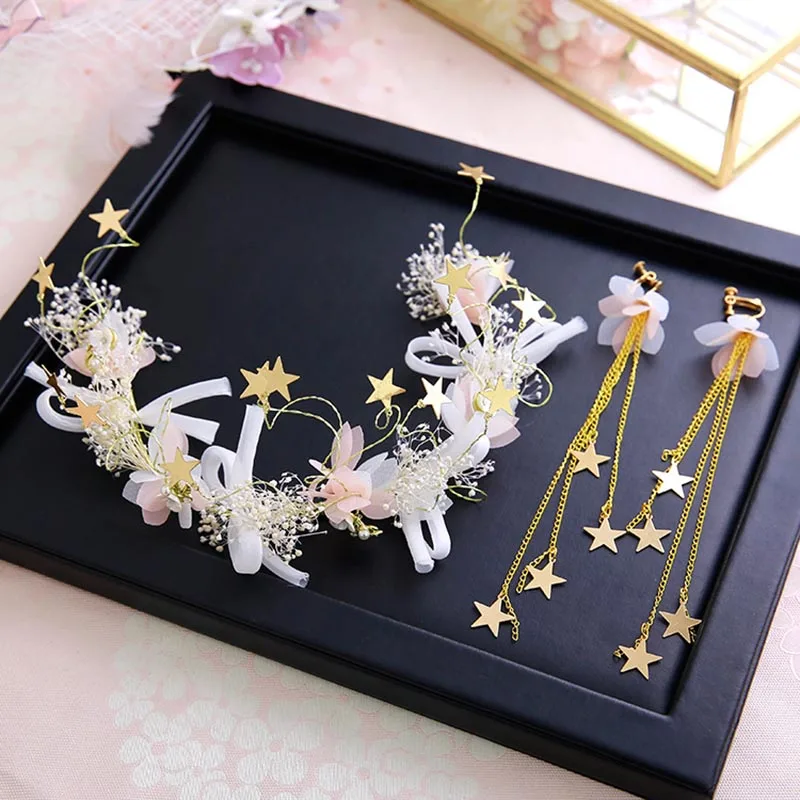 

Pink Floral Tiara Gold Stars Jewelry Hair Ornaments With Earrings Women's Decoration Bridal Wedding Hair Accessories Crown