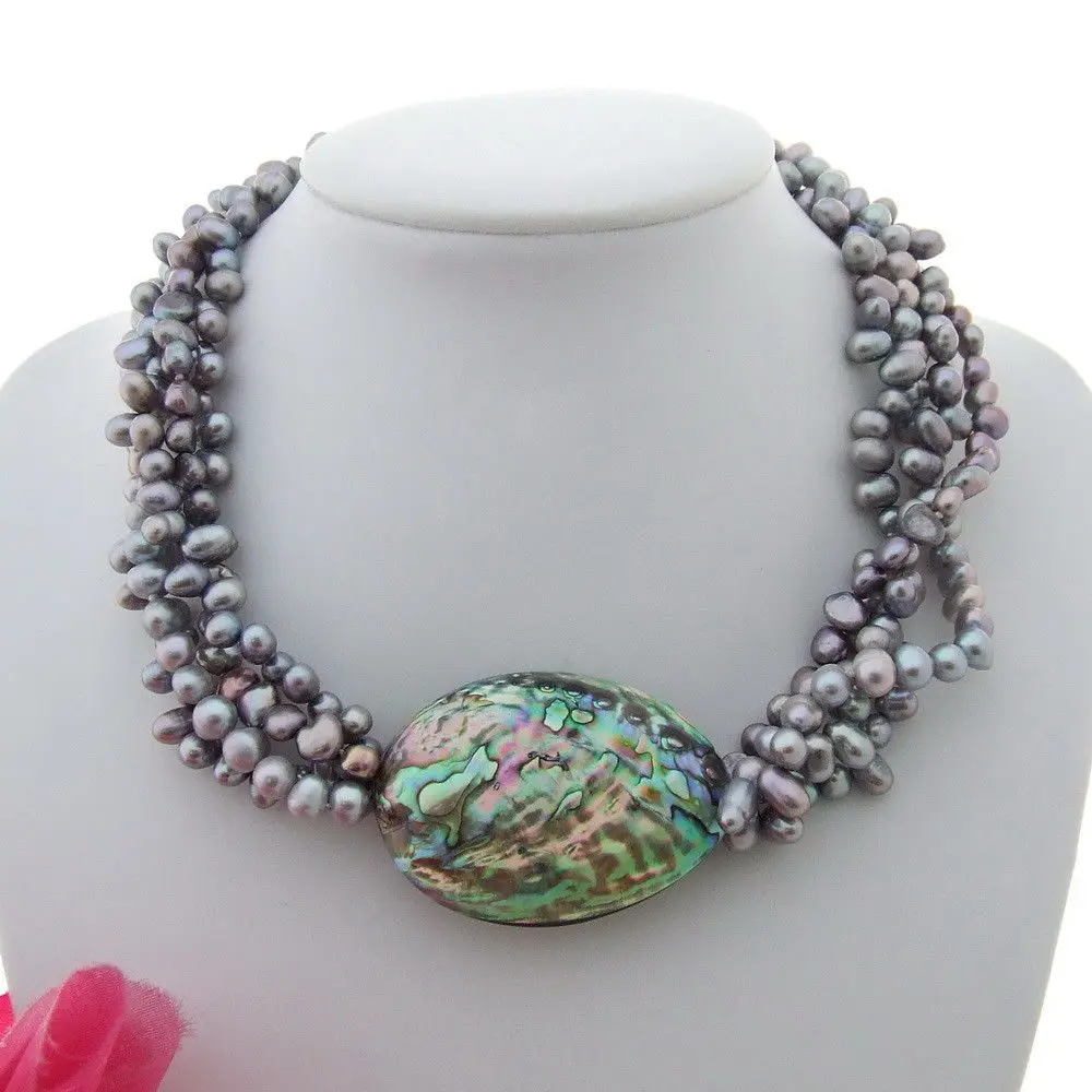 

FC110209 19" 4 Strands Multi Shape Gray Pearl Abalone Shell Necklace