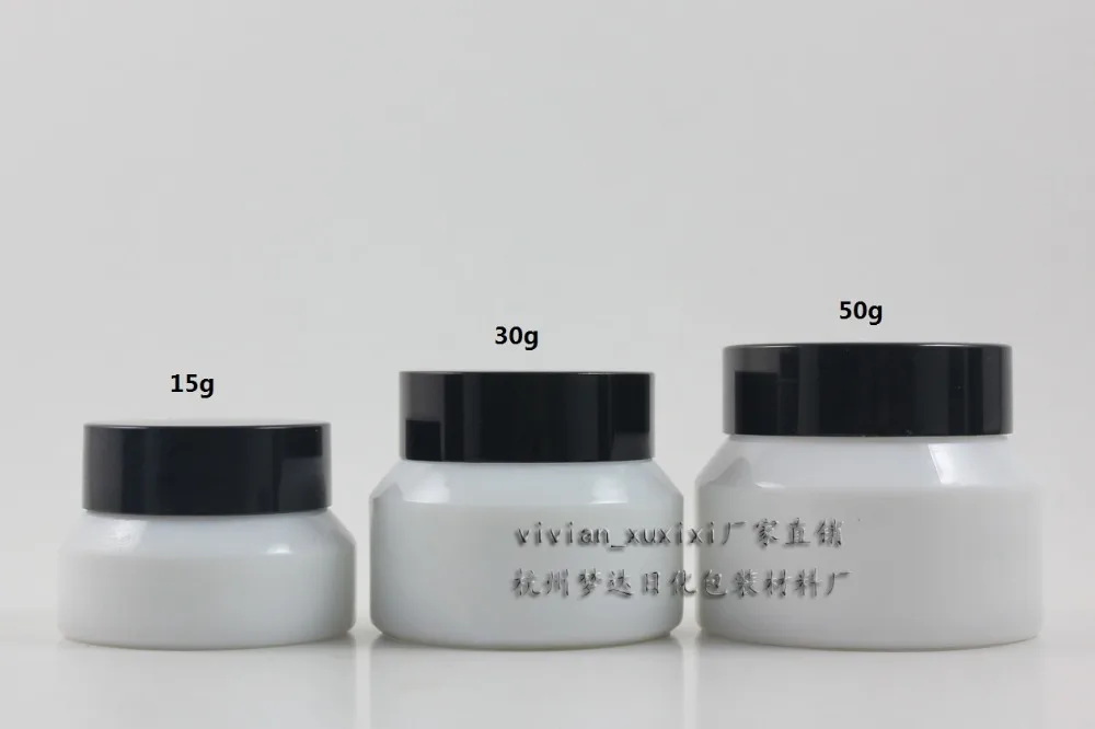 

30pcs wholesale 30g white glass cream jar with black aluminum lid, glass 30g cosmetic jar for eye cream,1 ounce glass bottle