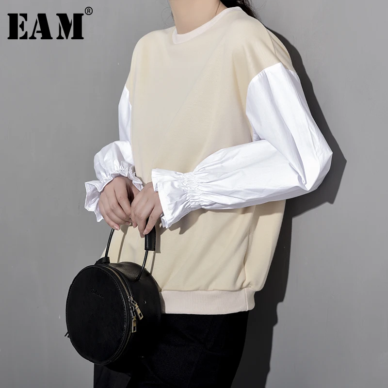 

[EAM] 2019 New Spring Summer Round Neck Long Lantern Sleeve Hit Color Loose Temperament Sweatshirt Women Fashion Tide YF0081