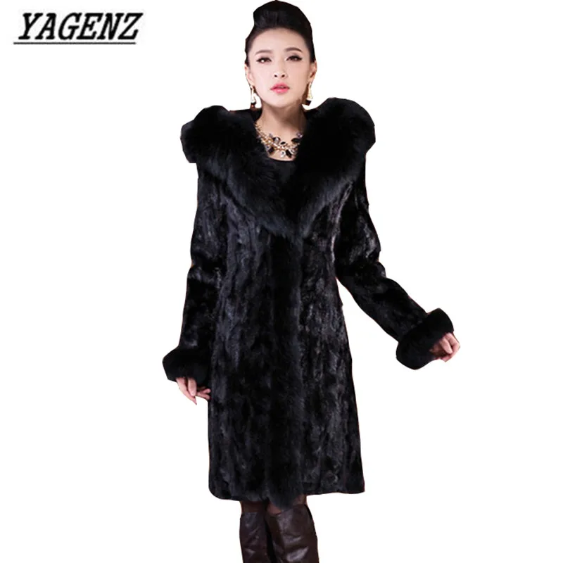 Новинка, модное зимнее женское меховое пальто с капюшоном, элегантное тонкое женское длинное черное пальто большого размера, теплое толстое меховое пальто 4XL 5XL 6XL