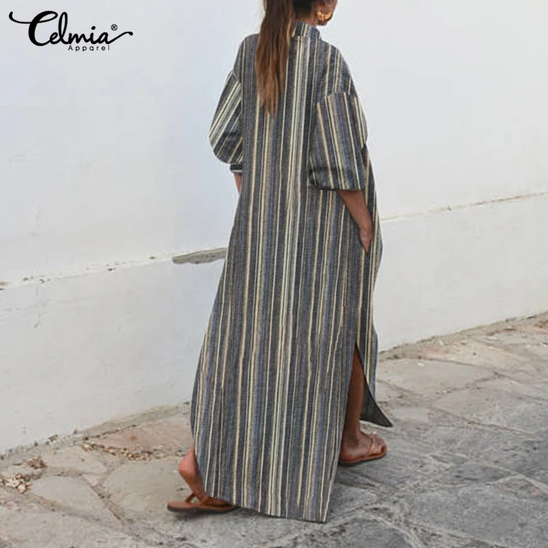 Celmia Women Vintage Striped Maxi Dress Sexy Deep V Neck High Split Casual Party Linen Long Sundress Vestido Kaftan Oversized