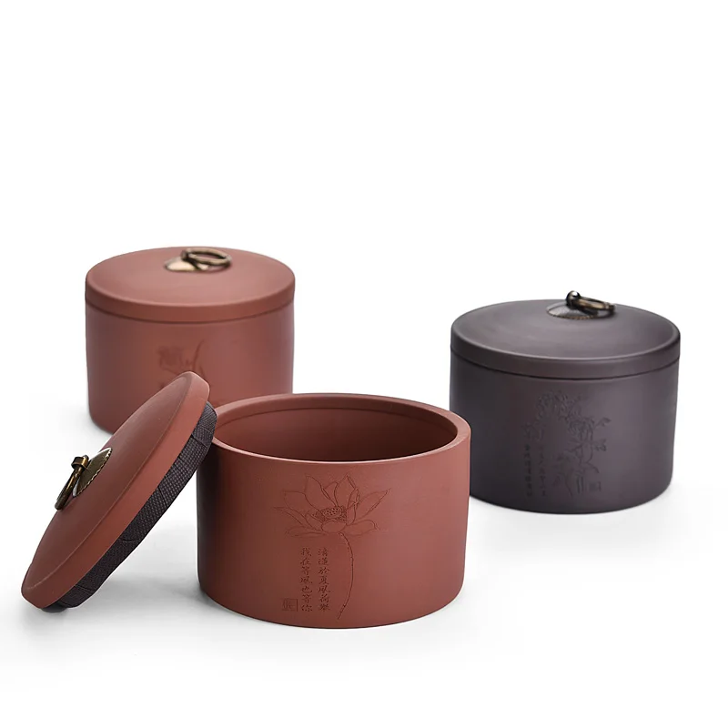 Chinese Style Cylindrical Ceramic Tea Storage Jars Black Red 11*13cm