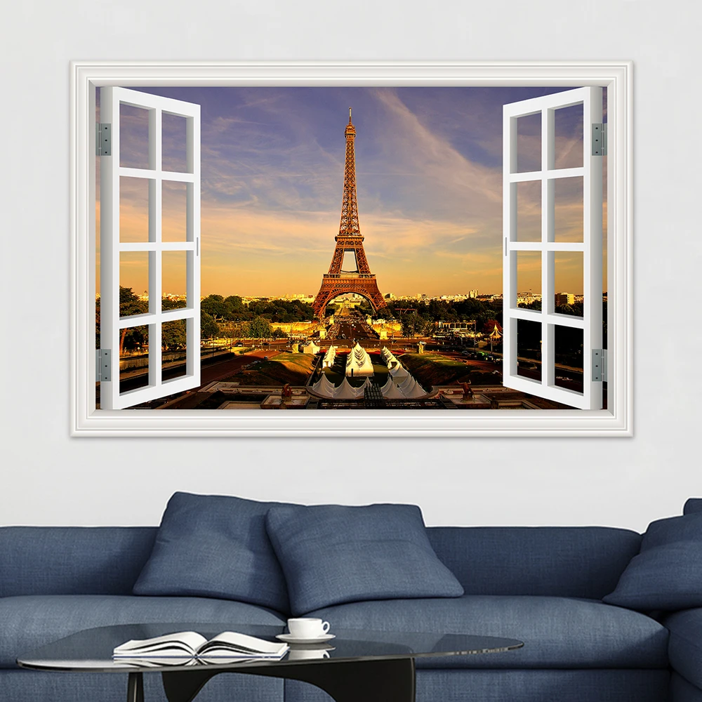 

Beautiful Sunset 3d Wall Sticker High Quality Removable Pvc Decal Europe Tower Window View Home Decor Living Room Modern Art