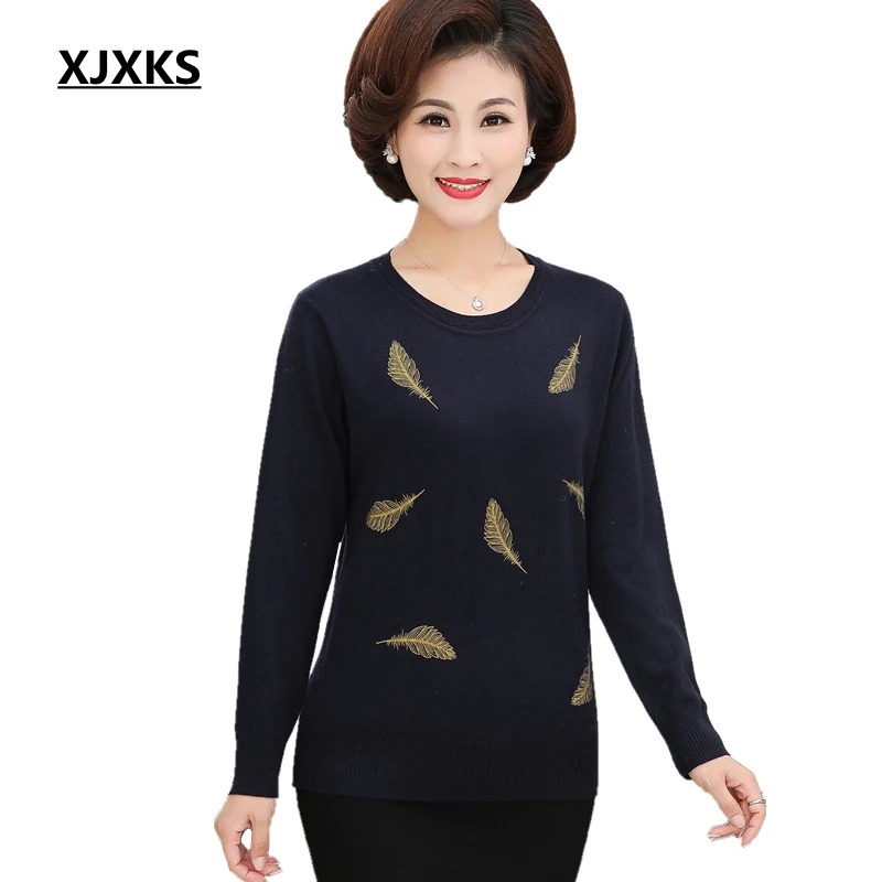 

XJXKS 2019 Autumn And Winter New Women Cashmere Feather Pattern Print Shirt Loose Large Size Sweater Women Pullover