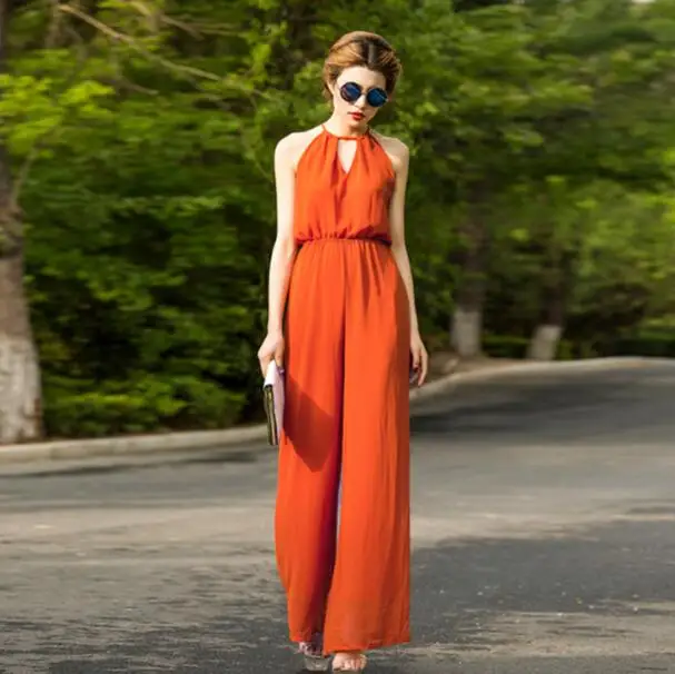 Jumpsuit for Women 2017 Summer Party Overalls Rompers Chiffon Fashion Elegant Orange Color Full Length Bodysuit S M L XL 