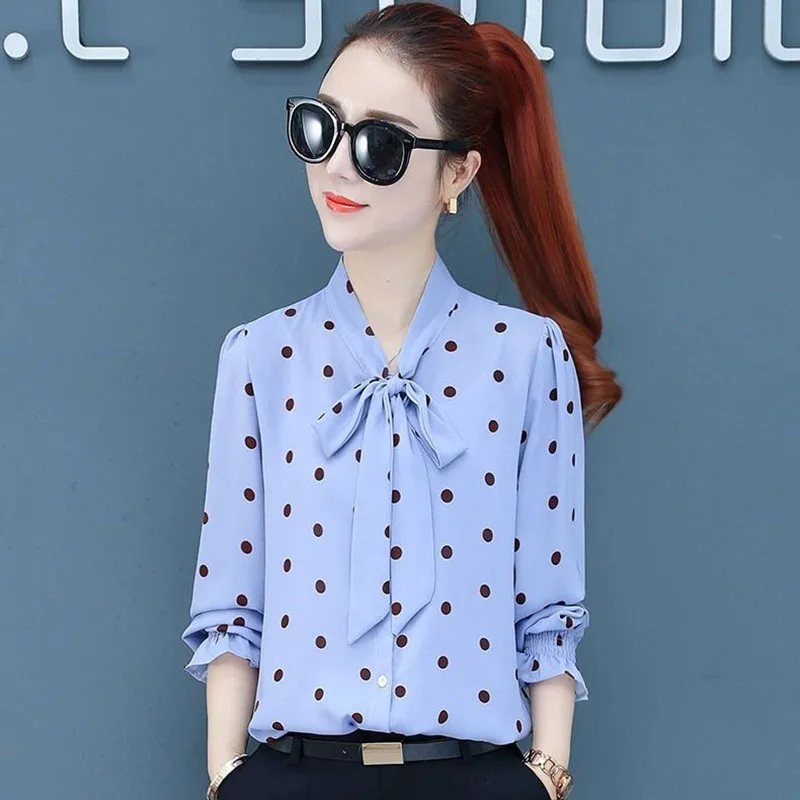 

Spring Polka Dot Print Chiffon Blouses Women Lace-up Bow Office Elegant Shirts Tops Long Sleeve V-neck Blusas Mujer DD2614