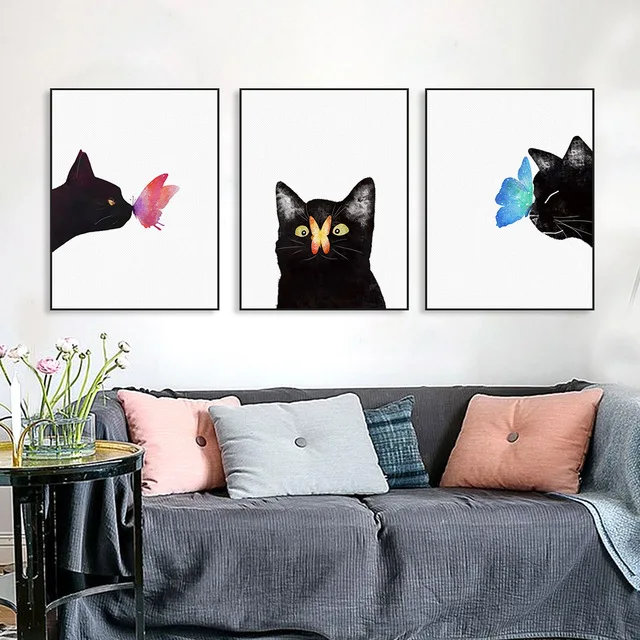 Watercolor-Triptych-Modern-Animal-Cat-Butterfly-Canvas-A4-Art-Print-Poster-Nordic-Wall-Picture-Kids-Room.jpg_640x640