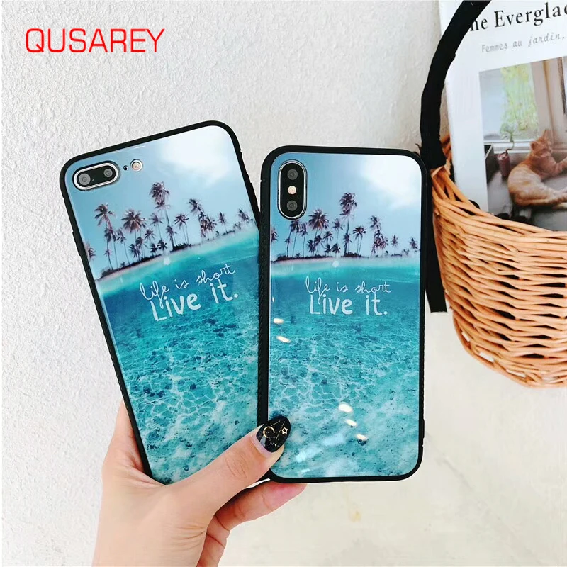 

QUSAREY Hard Phone Case Summer Beach Scene On Sea Ocean Palm Tree design hard black Case For iphone 6 6s 7 8 plus X Miror Back