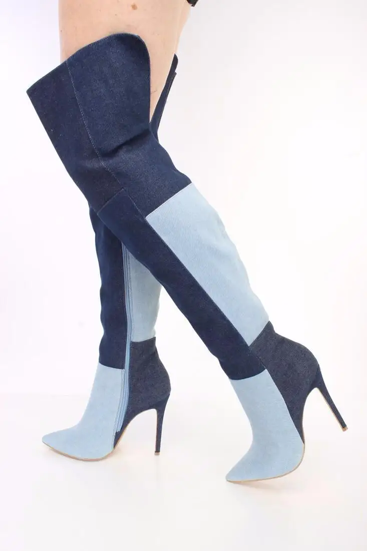 2016 fashion boots high heels blue denim patchwork over knee high boots designer woman botas feminina zapatos mujer winter boots