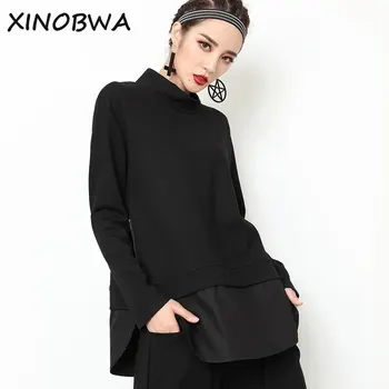 

Europe New 2018 Autumn Women High Street Fashion Personality Turtleneck Patchwork Black T Shirt Tops Female Loose Casual Shirts