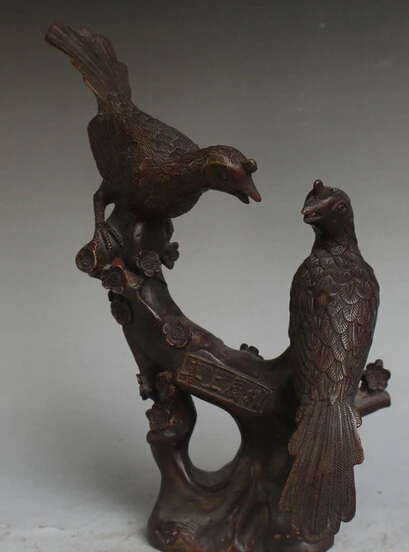 

219@g++10" Chinese Bronze 2 Animal Bird Stand Plum Blossom Branches Auspicious Statue