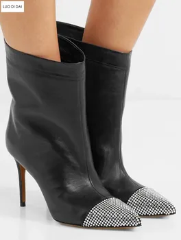 

2020 fashion new women diamond boots POINTED TOE ANKLE BOOTS thin heels short booties party shoes ladies rhinestone stud booties
