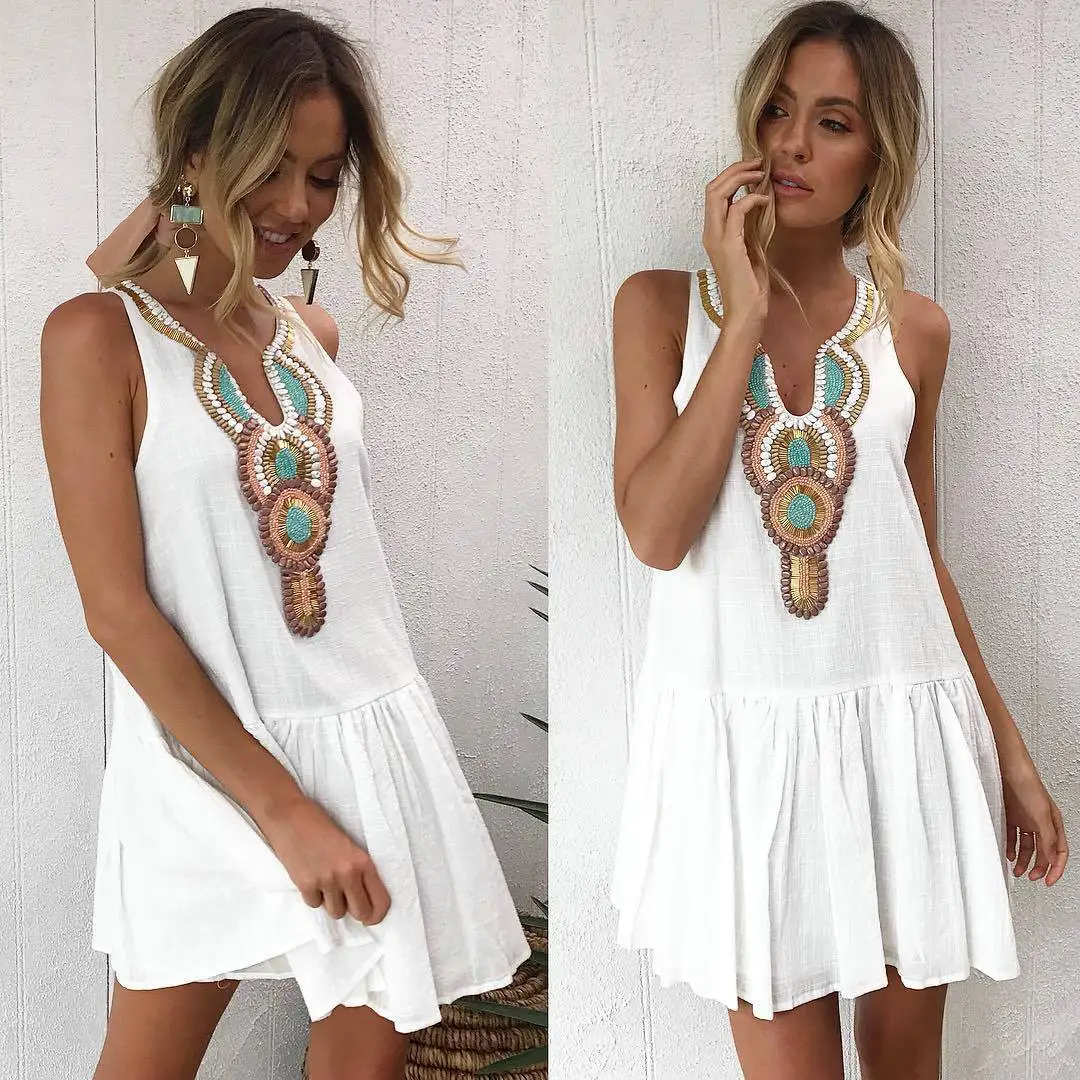 2019 Summer Dress for Women Tribal Printed Sleeveless Boho Mini Dress Female Causal Dresses Loose Bohemian Beach Short vestidos