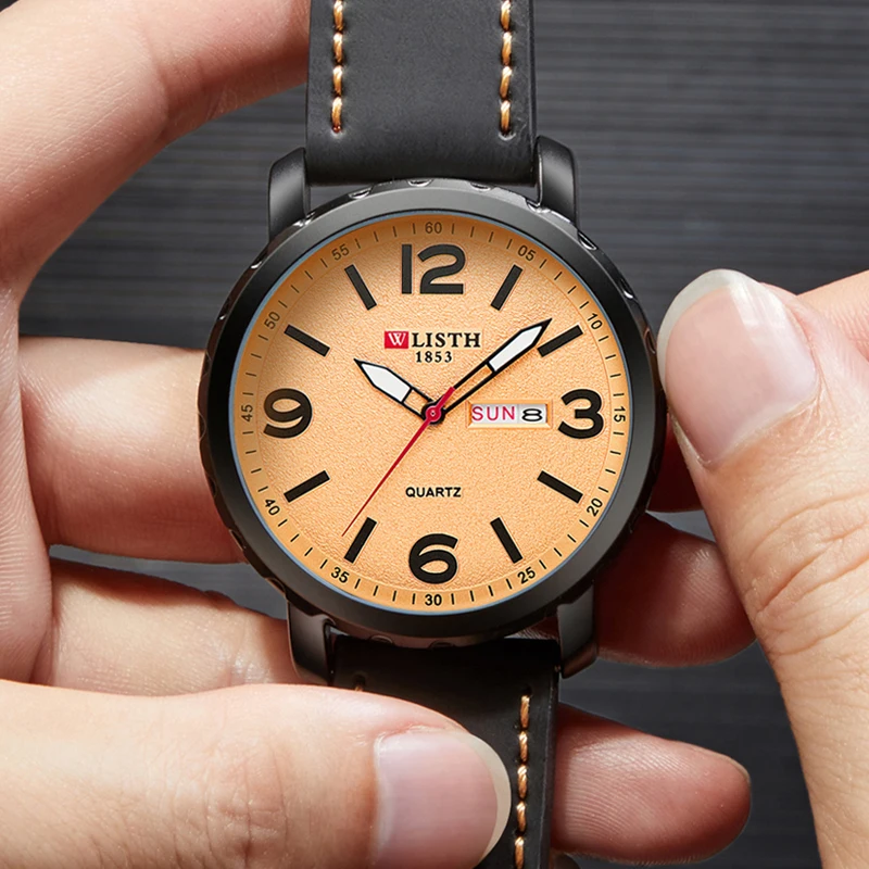 

big dial fashion casual luminous week calendar analog pointer personality quartz quality product leather strap men's wrist watch