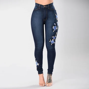 

Stretch Embroidered Jeans Women Elastic Blue Flower Jeans Female Pencil Denim Pants Rose Pattern Pantalon Femme Bottom Trouser