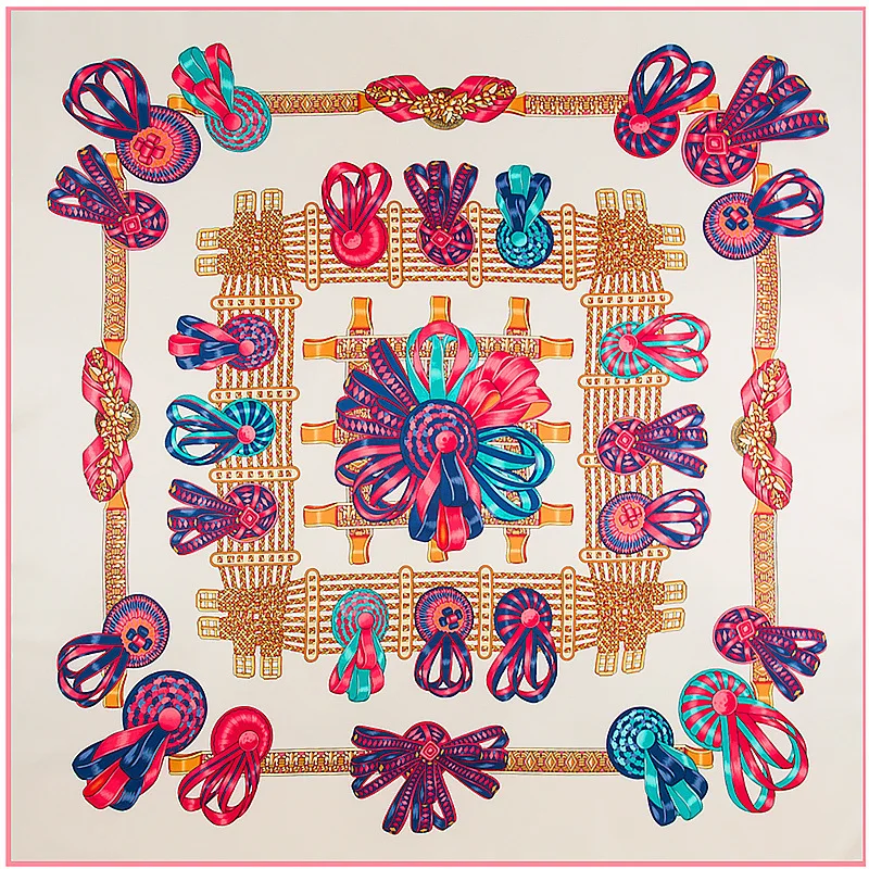 

2017 hot 130cm*130cm real Silk Euro Brand Floral Style Women Ribbon bow Silk Square Scarf Femal Fashion Shawl Scarves