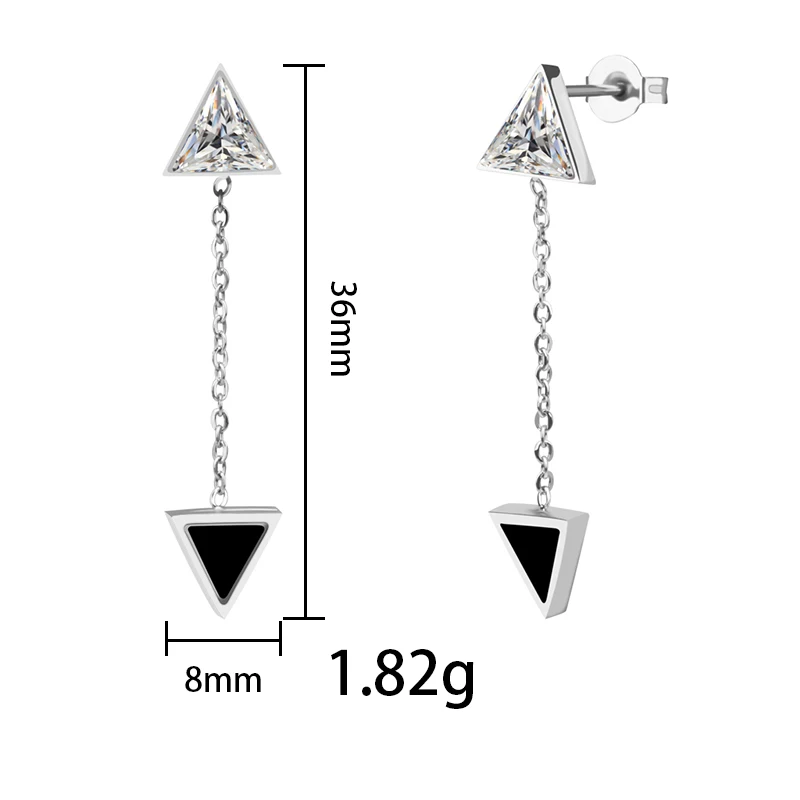 Silver Color Classic stainless steel earrings Triangle Geomery drop Stud earrings Cubic Zirconia Wedding Jewelry for women girl   (2)
