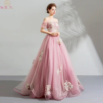 

Walk Beside You Pink Prom Dresses Boat Neck Short Sleeves Pattern Appliques Tulle A-line Off Shoulder Long Floor Length Lace Up