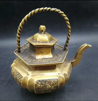 

Carved antique brass craft gift handle six angle hot kettle, teapot