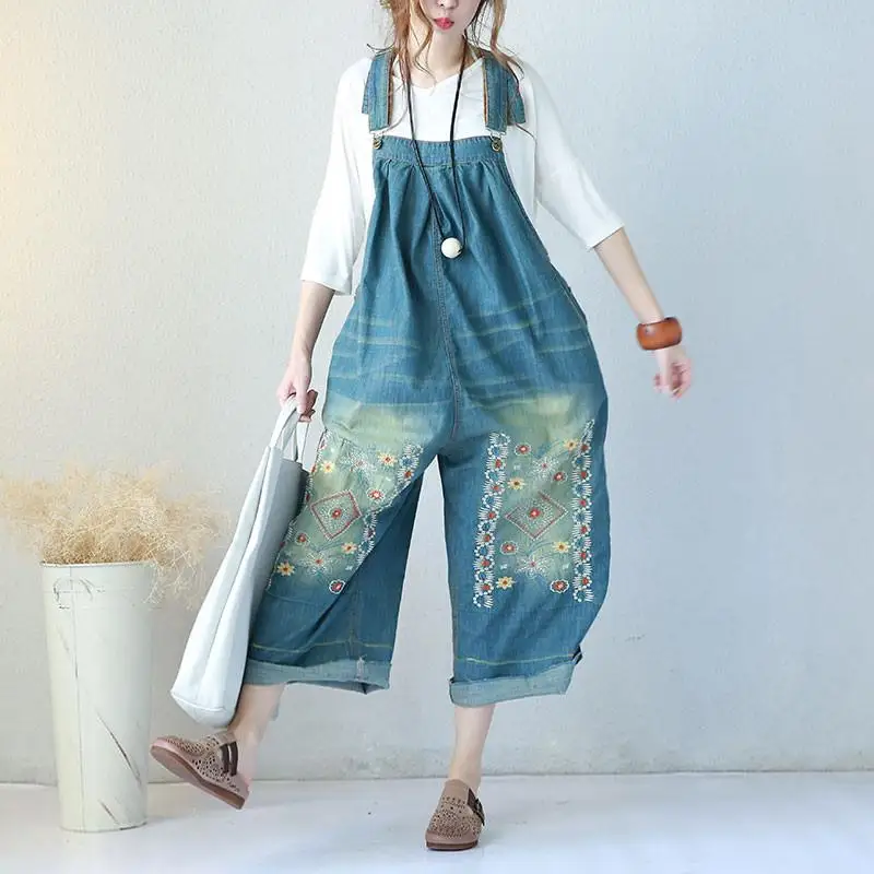 Embroidered Jumpsuit Women Casual Loose Fit Female Rompers Light Blue Summer Commuter Denim Jumpsuits Ankle Length (2)