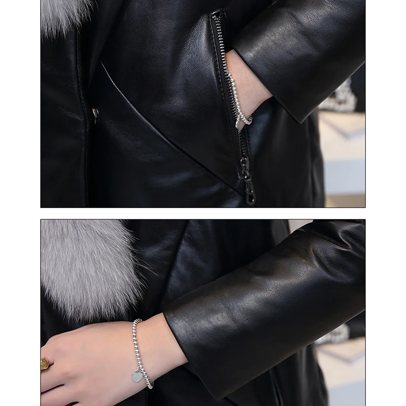 Женский пуховик из натуральной кожи с меховым воротником черная верхняя одежда