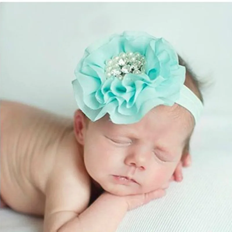 16Clrs New Fashion Hot children kids Baby girls pearl diamond chiffon flower Headband Headwear Hair Band