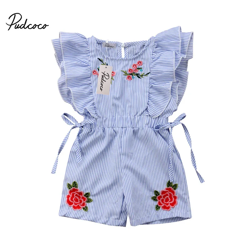 

2018 Fashion Cute Toddler Kids Baby Girl Flower Striped Ruffle Romper Embroidery Flower Summer Blue Lace-up Jumpsuit Clothes