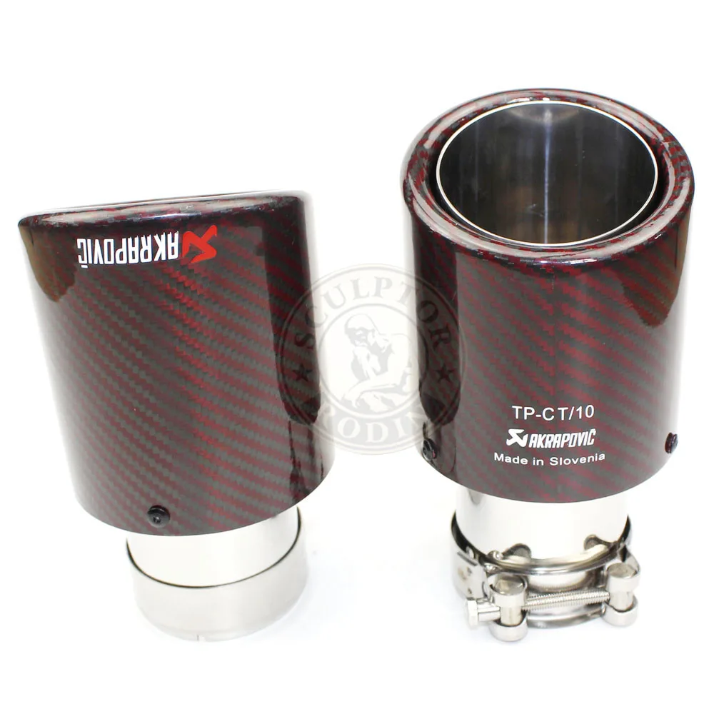 

Free Shipping RED universal various sizes akrapovic carbon fibre car exhaust muffler tip crimping Glossy twill + silver