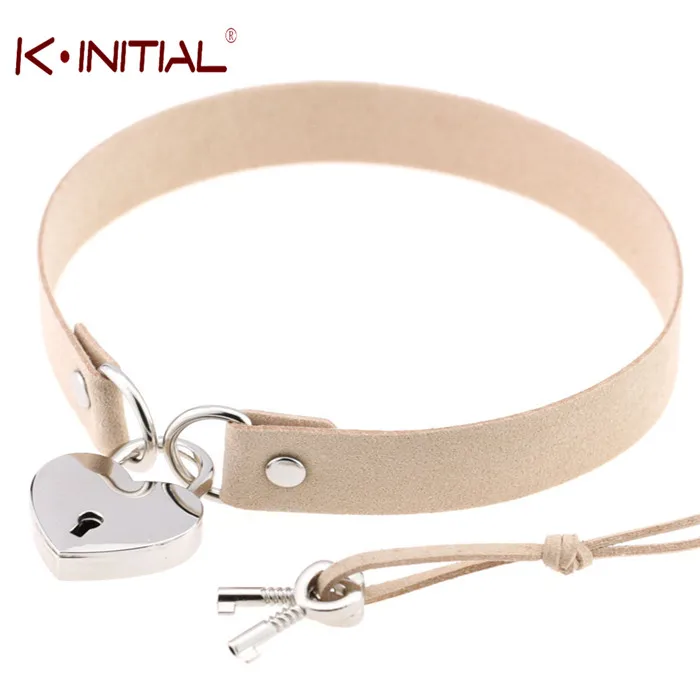 Kinitial Готический Панк Ожерелье Стиль Многоцветный Сердце с Замком Кулон PU Leather Choker Воротник Chocker Ожерелье для Женщин Подарок - Окраска металла: С черным покрытием, нанесенным краскопультом