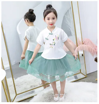 

Trend fashion girls Hanfu suit new summer children's embroidery Chinese style costumes little girl chiffon skirt two-piece explo