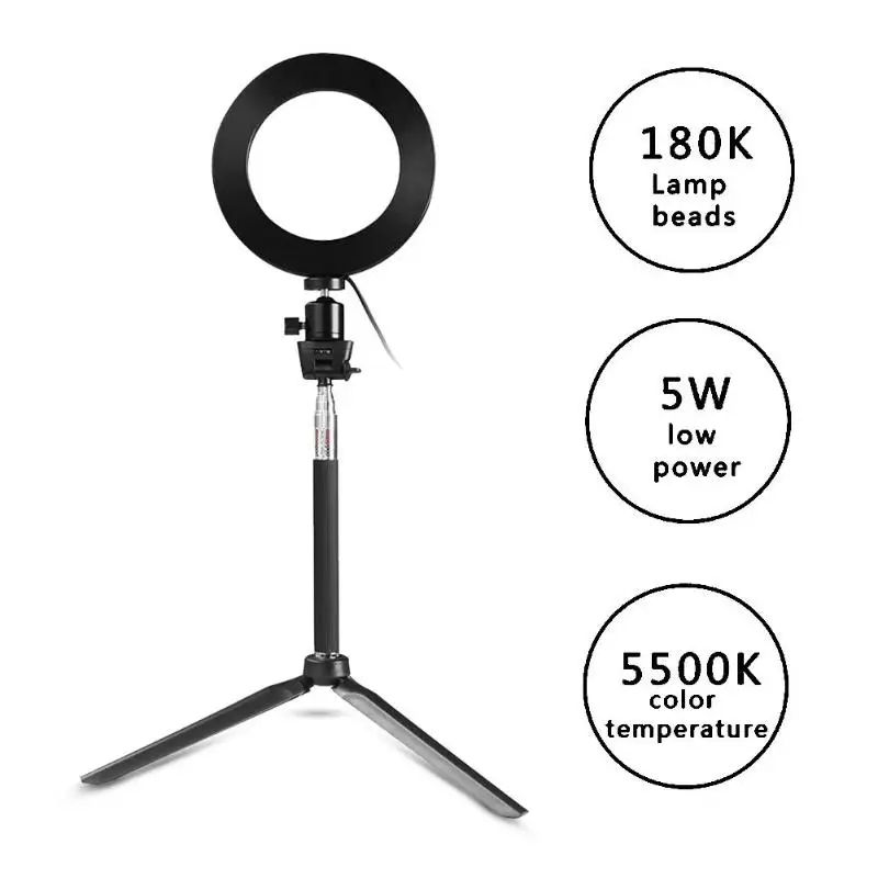 

5 in 1 / 3 in 1 3200-5600K 5.5 inch Dimmable LED Selfie Stick Ring Fill Light USB Universal Interface Camera Lamp with Tripod