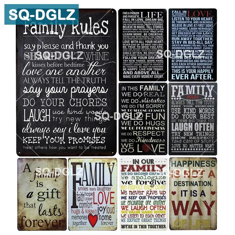 

[SQ-DGLZ] Hand Painted Family Rules Metal Sign Family Love Tin Sign Metal Signs Home Decor Painting Plaques Art Poster