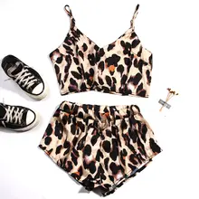 Сексуальное летнее леопардовое кружевное нижнее белье, пижамный комплект, шорты на бретелях, домашний костюм, топ, тонкая кожа, горячая сексуальная пижама без рукавов