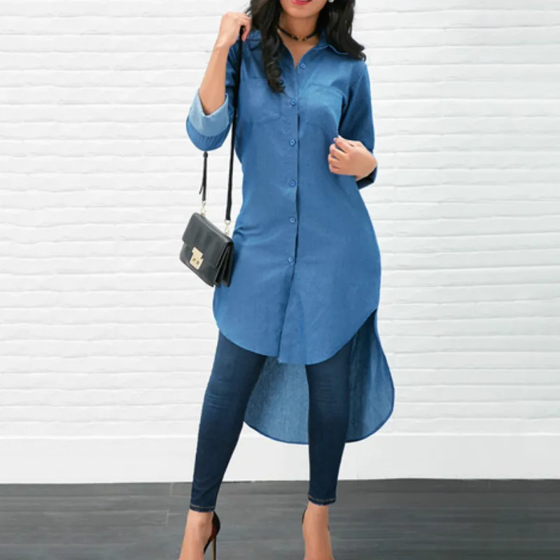 

hirigin Autumn Women's Denim Jeans Dress Button Solid Long Sleeve V-neck Casual Tops Shirt Irregular Dress