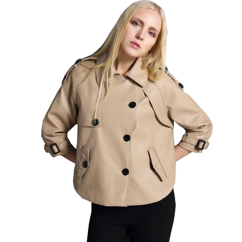 

Leather Jacket Women New Spring Windbreaker Loose Style 3 Buttons Three Quarter Sleeve Blouson Cuir Femme UV6063