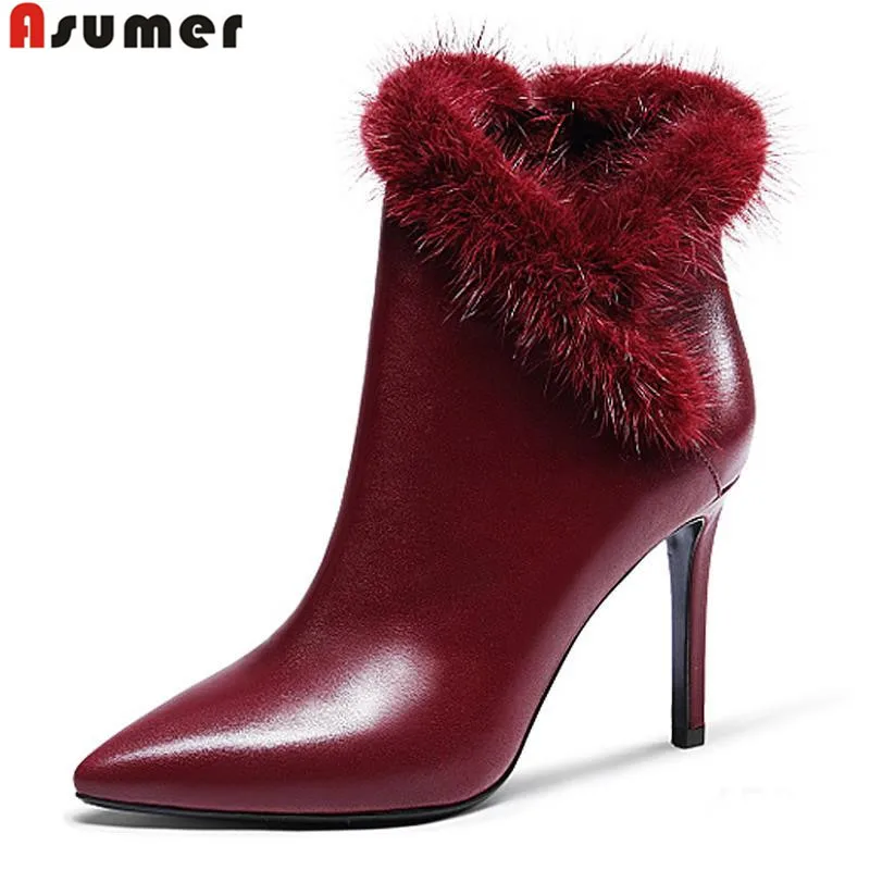 

Hot sale 2016 new fashion high heels ankle boots full genuine leather boots thin heels fur pointed toe autumn winter boots