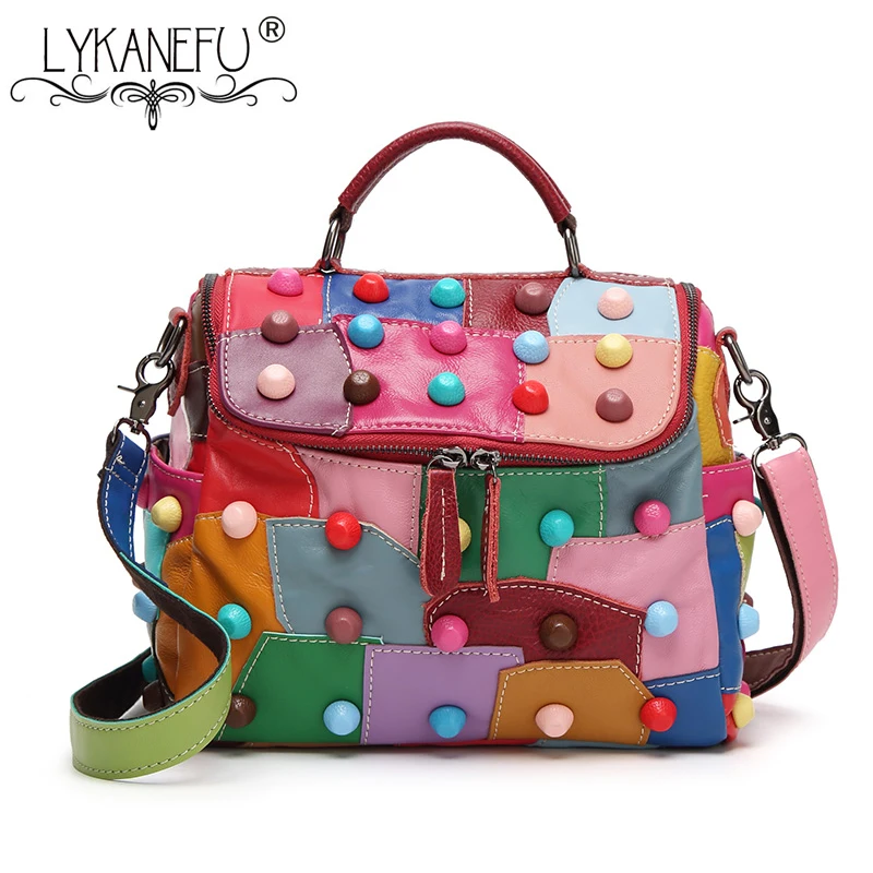 

LYKANEFU Patchwork Genuine Leather Bag Women Messenger Bags Punk Style Colorful Rivet Tote Handbag Shoulder Bag Cross body Purse
