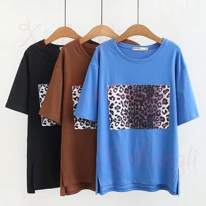 Женские хлопковые свободные футболки с леопардовым принтом больших размеров, летние повседневные женские футболки с круглым вырезом и коротким рукавом, женские футболки