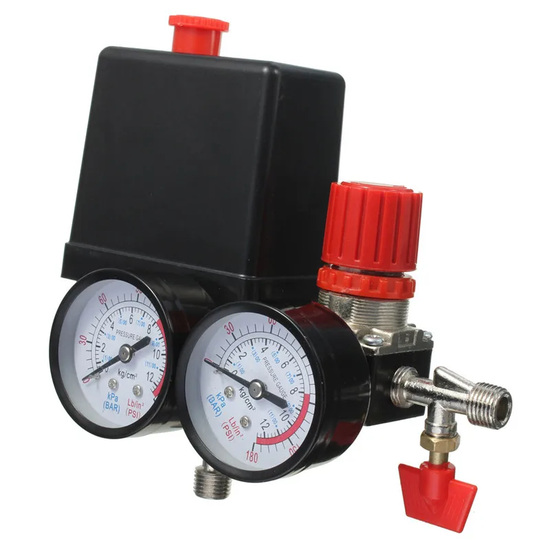 

New Arrival Air Compressor Pressure Valve Switch Manifold Relief Regulator Gauges 180PSI 240V 45x75x80mm Favorable Price