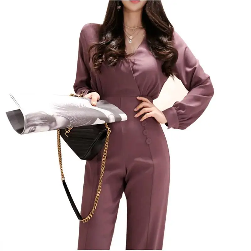 Летние комбинезоны Winered Vneck с длинным рукавом, боди для офиса, женские ромперы на пуговицах, широкие женские комбинезоны, комбинезоны - Цвет: see picture