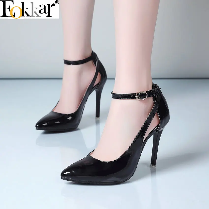 

Eokkar 2019 Women Size 45 Stiletto High Heel 10cm Pumps Ankle Buckle Strap Closed Toe Lady Shoes PU Leather Pumps Plus Size34-45