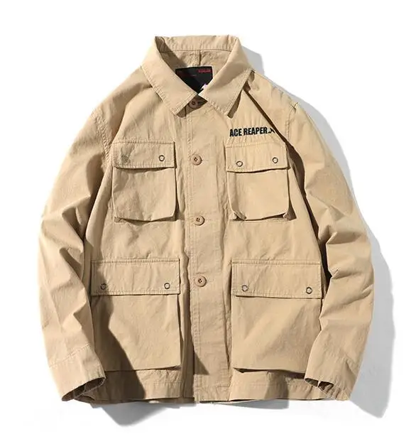 

High quality Fashion Stylist Japan Style men's cotton Turn-down Collar multi-pocket English embroidered jacket Hip hop jacket