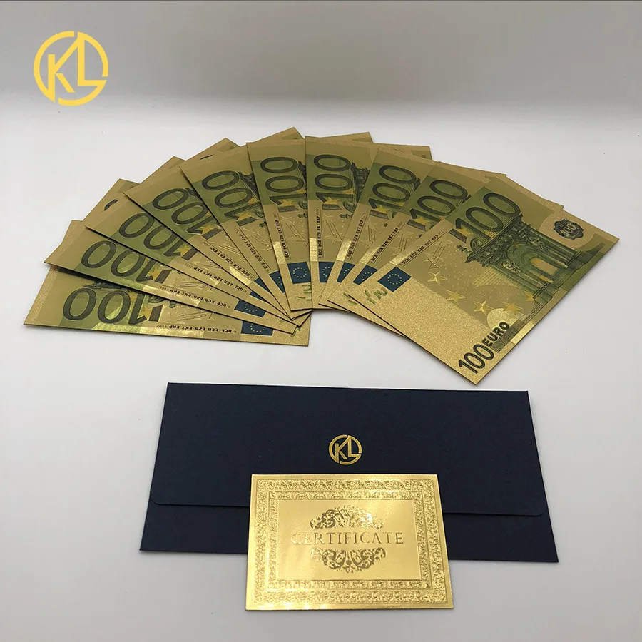 

10pcs/lot Colored Euro Banknote Replica 100 Euro Currency Bills Gold Plated Banknotes in 24K Gold Plated Money for Collection