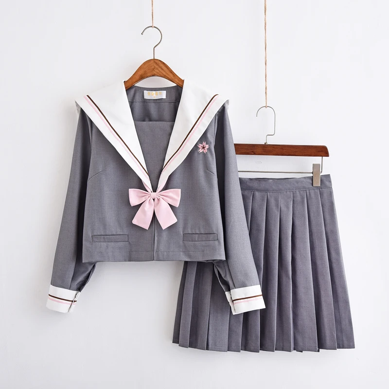 Women Grey Embroidery Jk High School Uniforms Set Girls Japanese Preppy