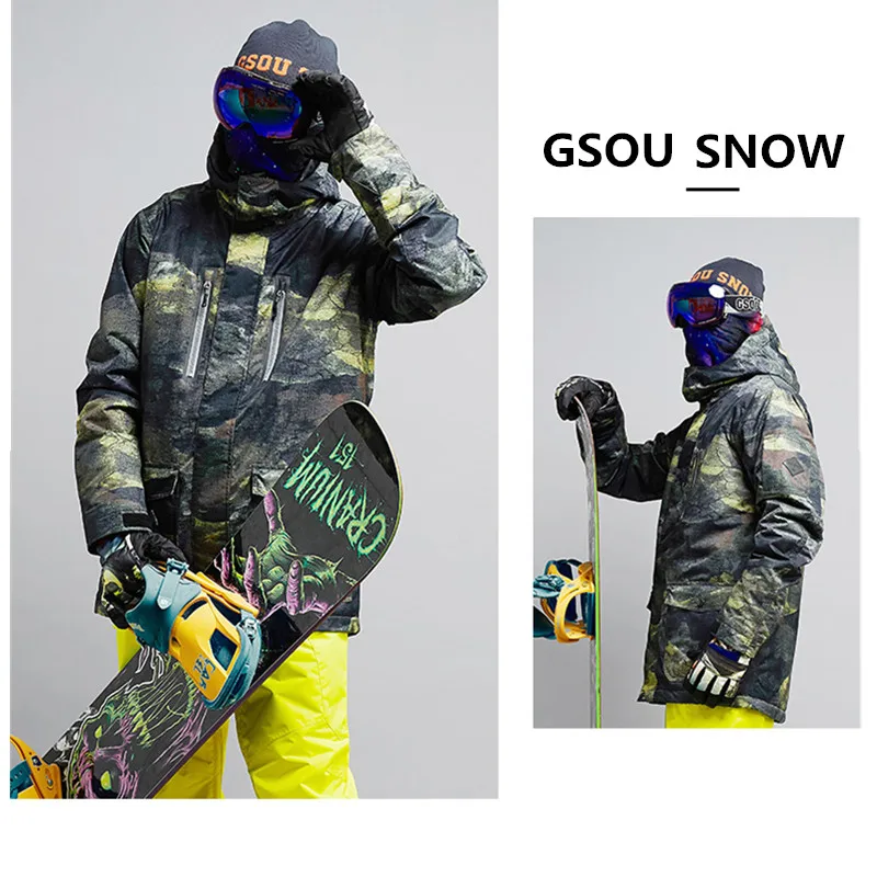 Gsou الشتاء الانطباع 2018 جودة عالية للرجال ملابس تزلج السوبر الدافئة تزلج الرياضة snowboard دثار يندبروف waterproo