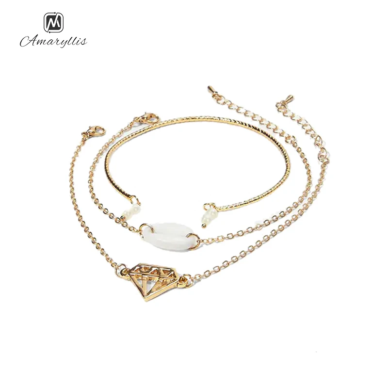 Amaiyllis Chic White Pearls Natural Shell Geometric Charms Bracelets Bangle For Women 3PC/Set Beach Metal Cuff Bangles Pulseras | Украшения