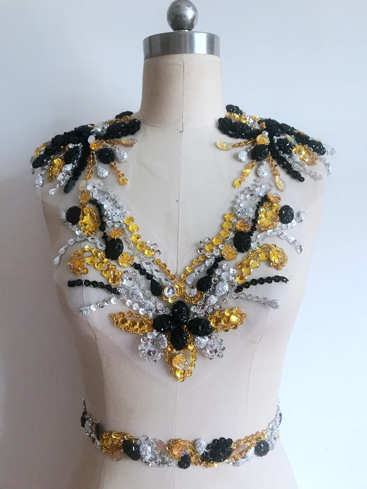 Handmade Golden/silver/black crystal trim patches sew on Rhinestones