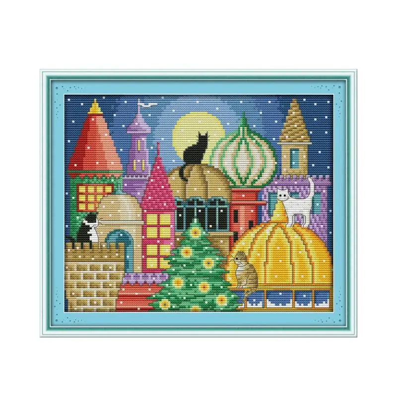 

The Cat City Patterns Counted 11CT Printed 14CT Cross Stitch Kits Joy Sunday DIY Embroidery Needlework Set for Home Decor K476